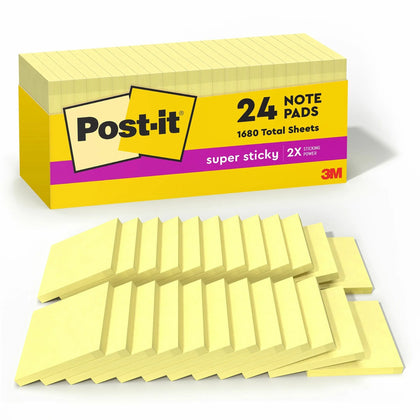 Post-it® Super Sticky Notes - 3x3 Square Yellow - 70 Sheets - 24 Pack - Adhesive & Dispensers