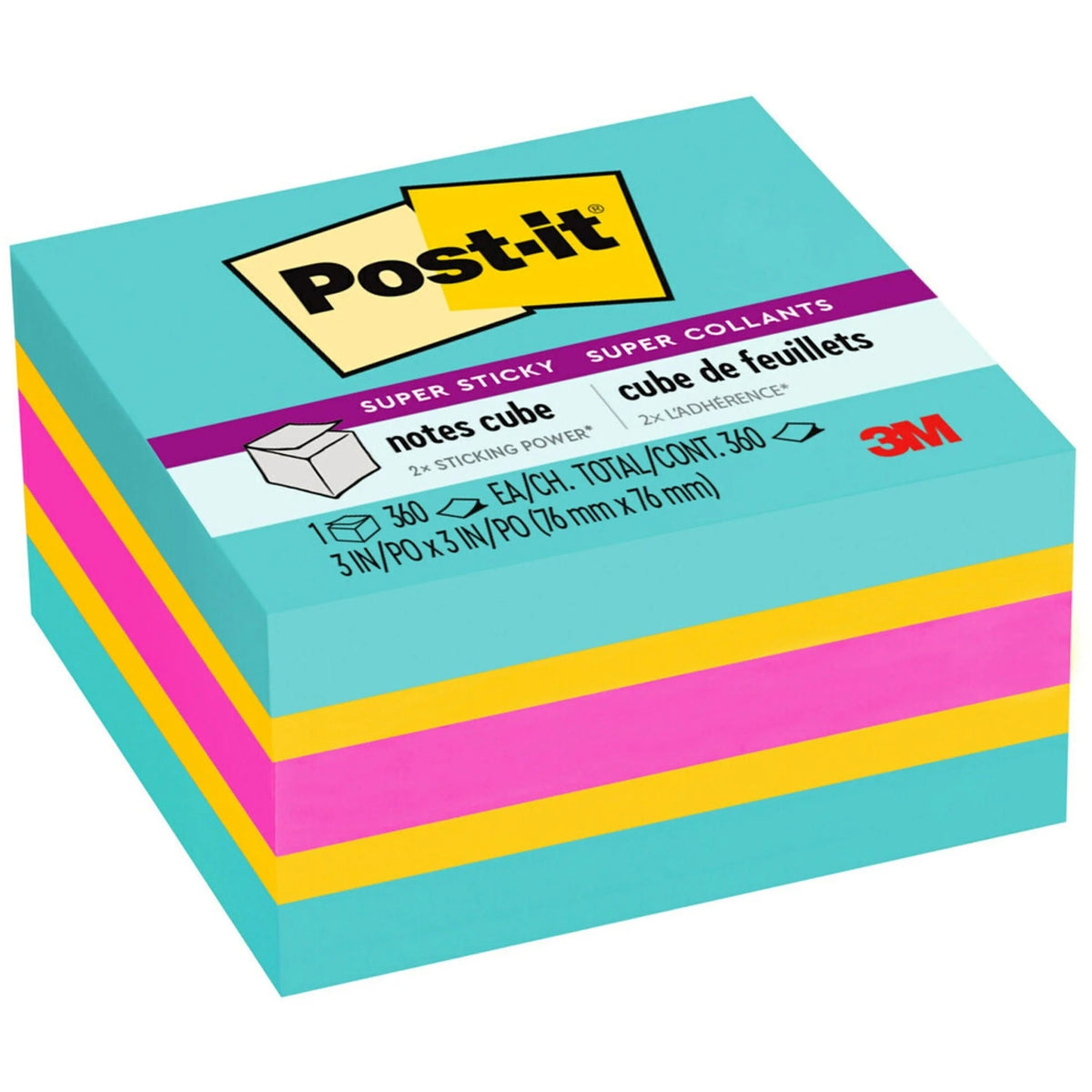 Post-it® Super Sticky Notes Cube - 3’’ Square - Aqua Splash Sunnyside Power Pink - 360 Sheets - Recyclable - Adhesive &