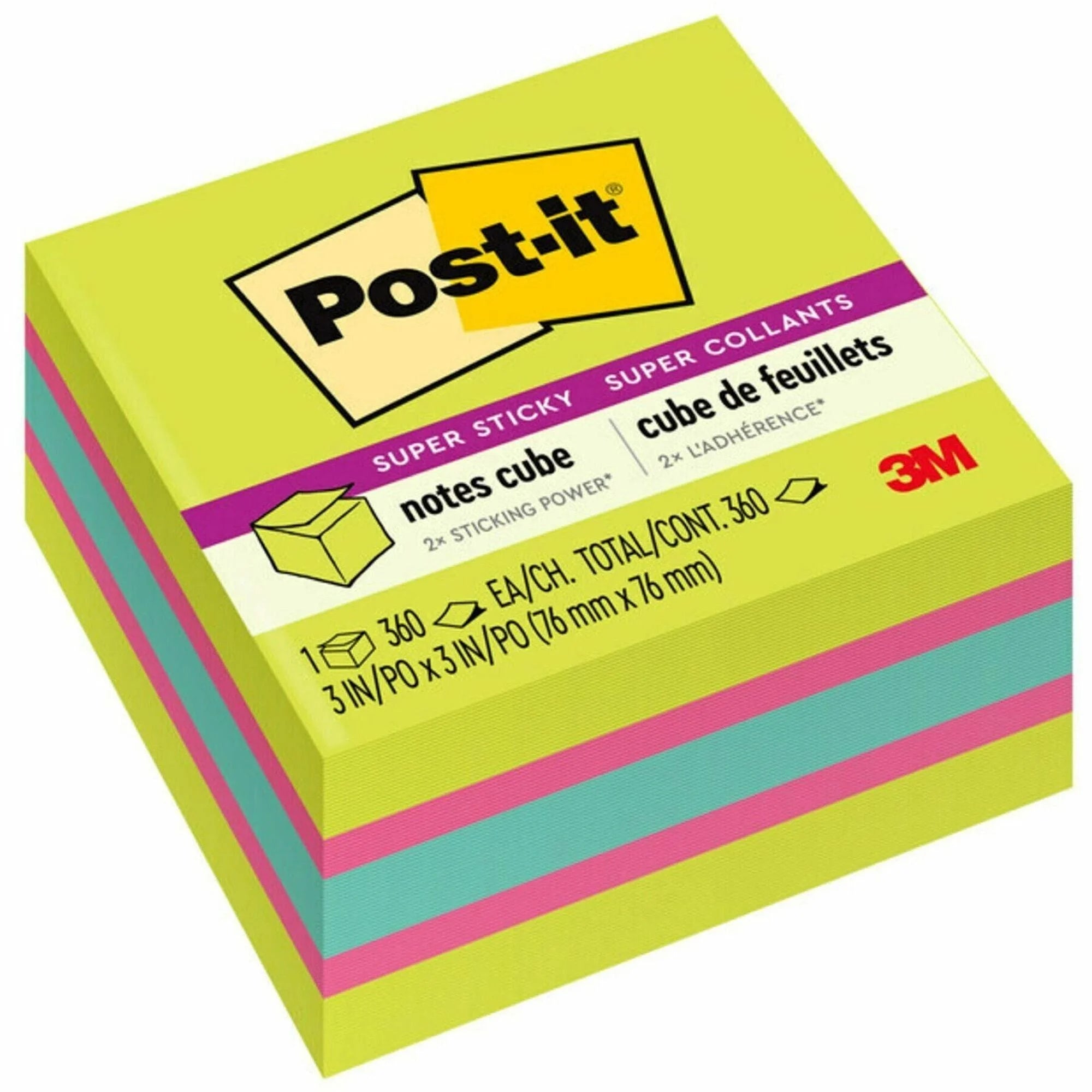 Post-it® Super Sticky Notes Cube - 3x3 Square - 360 Sheets - Guava Acid Lime Aqua Splash - Adhesive & Dispensers