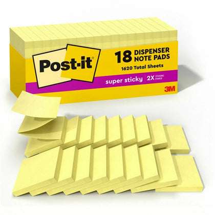 Post-it® Super Sticky Notes Dispenser - Canary Yellow 3x3 Square Flags - 18 Pack - Adhesive & Dispensers