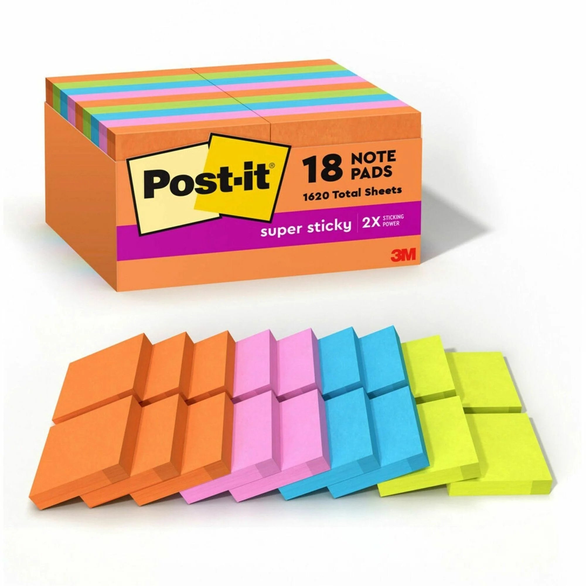 Post-it® Super Sticky Notes - Energy Boost Collection - 2’’ Square - 90 Sheets - Multicolor - 18 Pack - Adhesive &