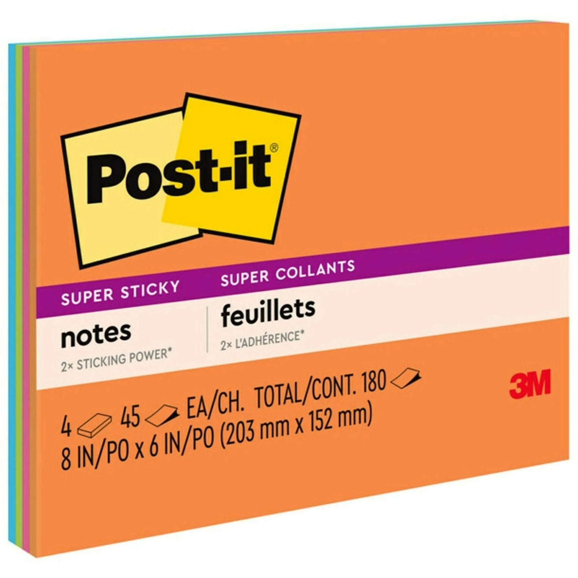 Post-it® Super Sticky Notes: Energy Boost Color Collection - 180 Sheets - 6x8’’ - Unruled - Vital Orange Tropical Pink