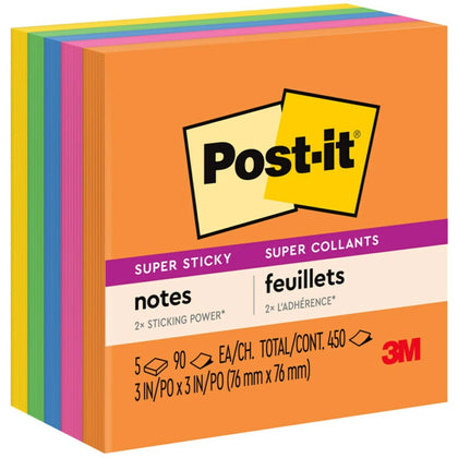 Post-it® Super Sticky Notes: Energy Boost Color Collection - 3x3 Square - 90 Sheets - Unruled - 5 Pack - Adhesive Notes