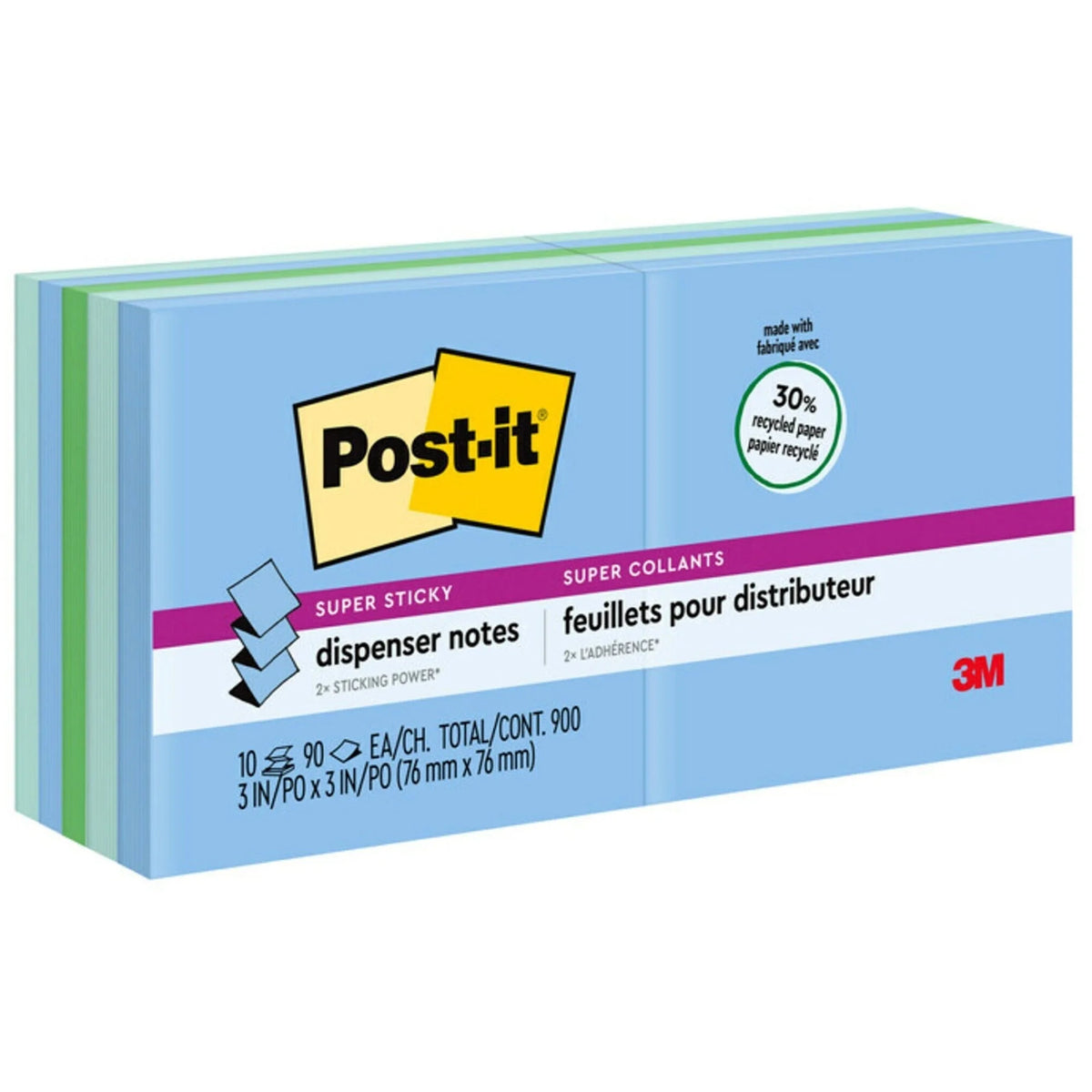 Post-it® Super Sticky Notes - Oasis Color Collection - 3x3 Square - 90 Sheets - Recycled - 10 Pack - Board & Easel