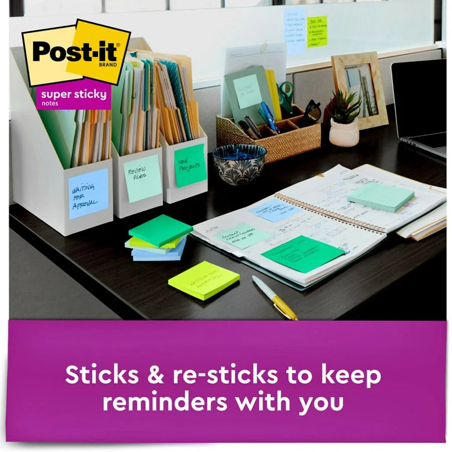 Post-it® Super Sticky Notes - Oasis Color Collection - 3x3 Square - 90 Sheets - Recycled - 10 Pack - Board & Easel