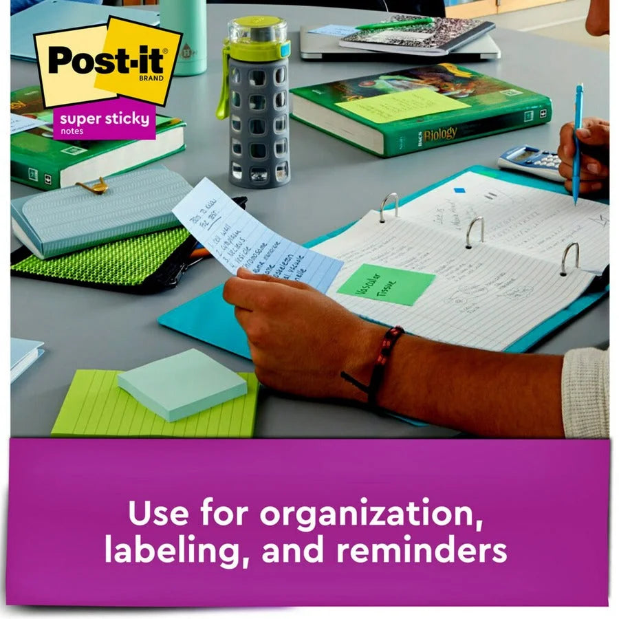 Post-it® Super Sticky Notes - Oasis Color Collection - 4x6 - Ruled - Washed Denim Fresh Mint Lucky Green - 3/Pack
