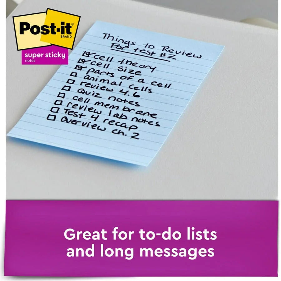 Post-it® Super Sticky Notes - Oasis Color Collection - 4x6 - Ruled - Washed Denim Fresh Mint Lucky Green - 3/Pack