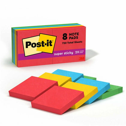 Post-it® Super Sticky Notes: Playful Primaries Collection - 8 Pads 90 Sheets Each - Adhesive Notes & Dispensers