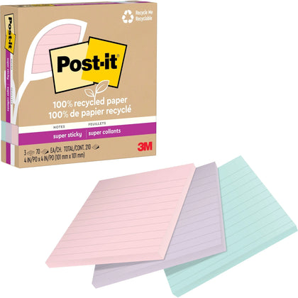Post-it® Super Sticky Wanderlust Pastel Notes - 4’’ Square 70 Sheets - 3/Pack - Adhesive & Dispensers