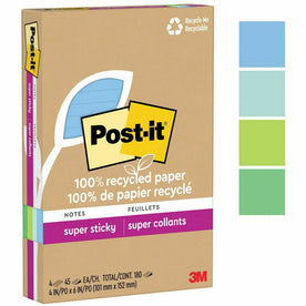Post-it Super Sticky Notes - 4x6 Flag Size - Assorted Oasis - 45 Sheets - Recycled - 4 Pack - Adhesive & Dispensers