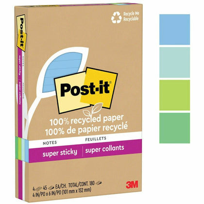 Post-it Super Sticky Notes - 4x6 Flag Size - Assorted Oasis - 45 Sheets - Recycled - 4 Pack - Adhesive & Dispensers