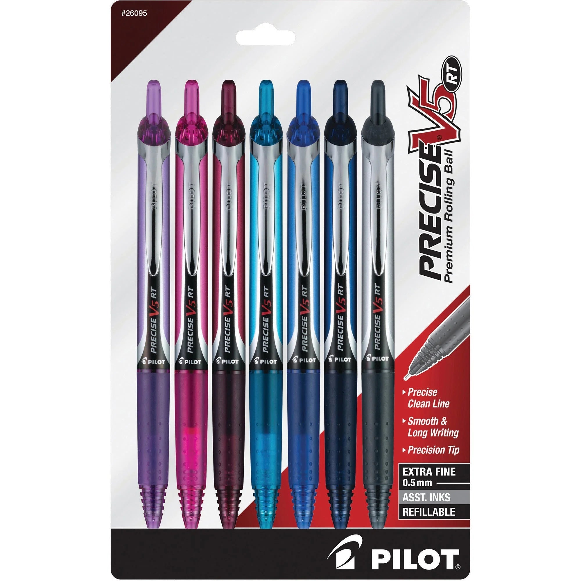 PRECISE V5 RT Premium Rolling Ball Pen: 0.5mm Extra Fine Point Refillable Retractable - 7/Pack - Pens