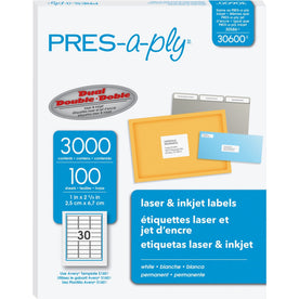 PRES-a-ply Labels: 1’’ x 2 5/8’’ Rectangle Permanent Adhesive - White - 3000/Box - Address / Shipping Labels