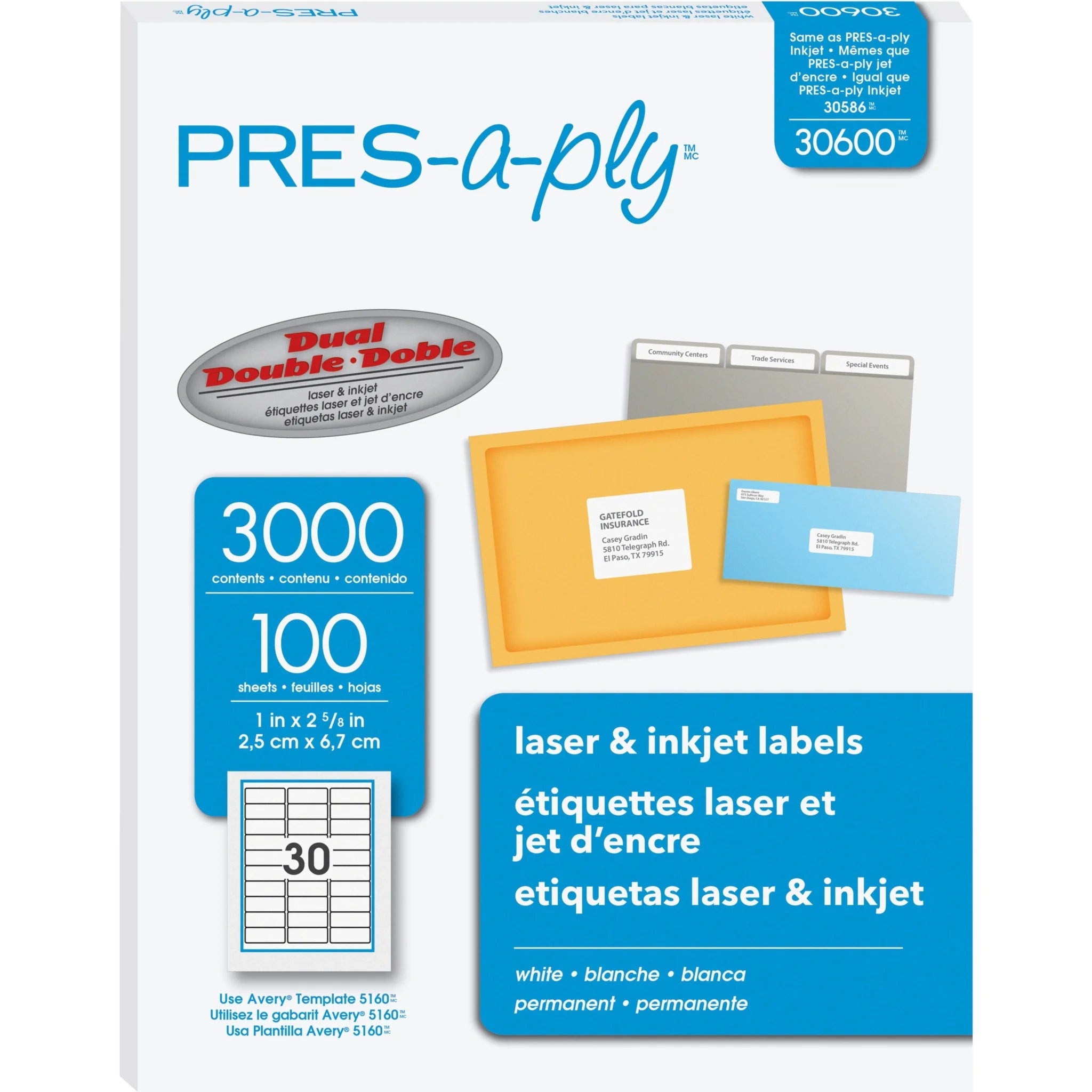 PRES-a-ply Labels: 1’’ x 2 5/8’’ Rectangle Permanent Adhesive - White - 3000/Box - Address / Shipping Labels
