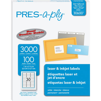PRES-a-ply Labels: 1’’ x 2 5/8’’ Rectangle Permanent Adhesive - White - 3000/Box - Address / Shipping Labels