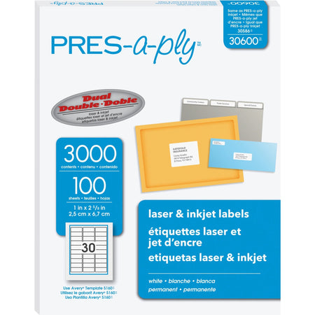 PRES-a-ply Labels: 1’’ x 2 5/8’’ Rectangle Permanent Adhesive - White - 3000/Box - Address / Shipping Labels