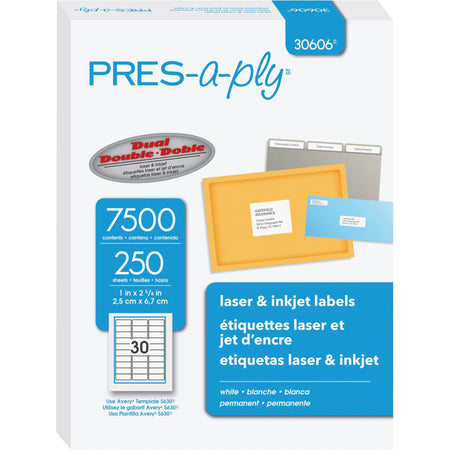 PRES-a-ply Labels: 1x2 5/8’’ Permanent Adhesive White Paper - 7500 Labels - Address / Shipping