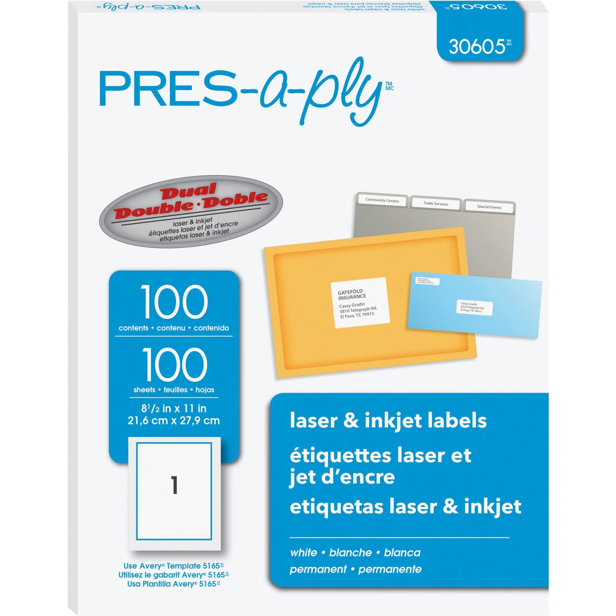 PRES-a-ply Labels: 8 1/2’’ x 11’’ Permanent Adhesive - White - 100/Box - Address / Shipping Labels
