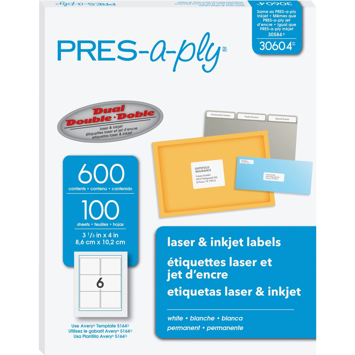 PRES-a-ply White Labels: 3 21/64’’ x 4’’ - Permanent Adhesive - 600 Labels - Address / Shipping
