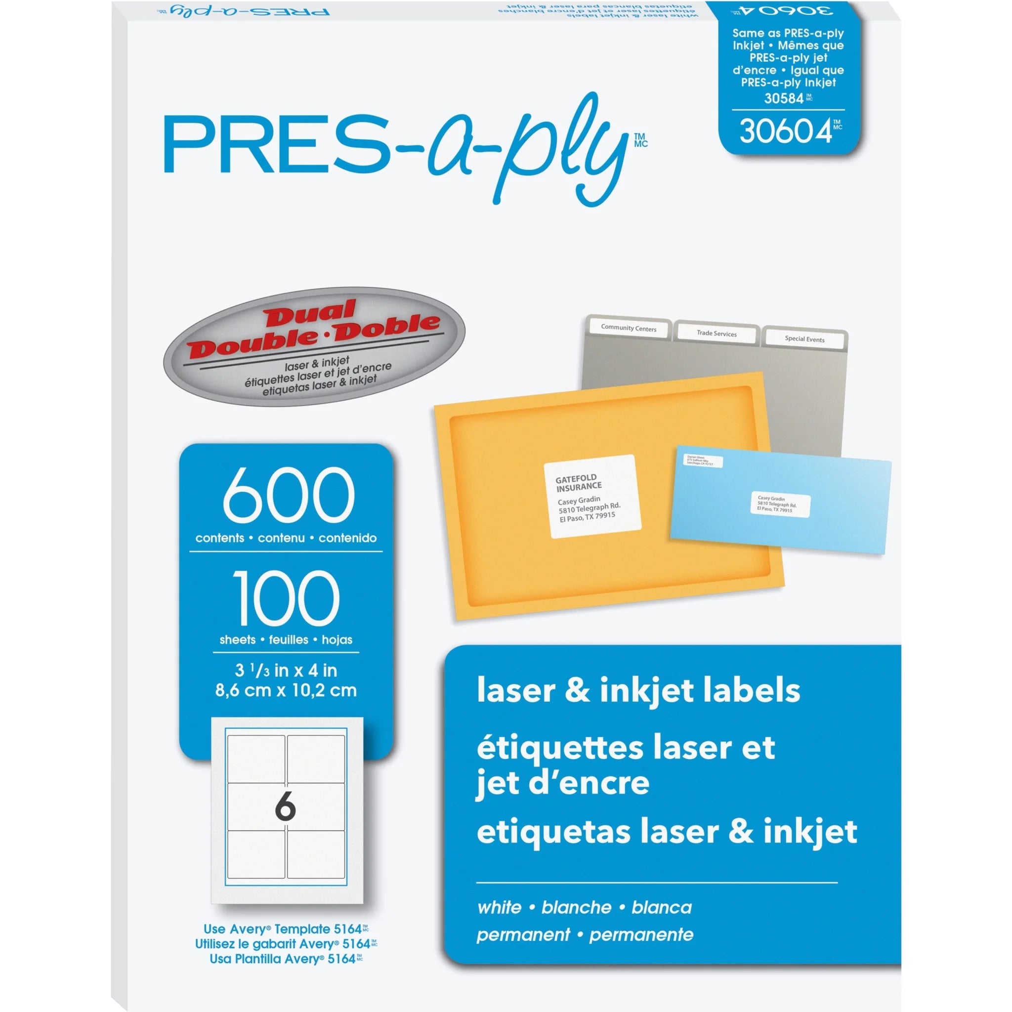 PRES-a-ply White Labels: 3 21/64’’ x 4’’ - Permanent Adhesive - 600 Labels - Address / Shipping