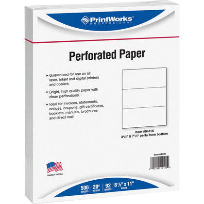 Printworks Pre-Perforated Paper: Invoices Statements Gift Certificates - Sustainable SFI - 8.5’’ x 11’’ - 20 lb - White