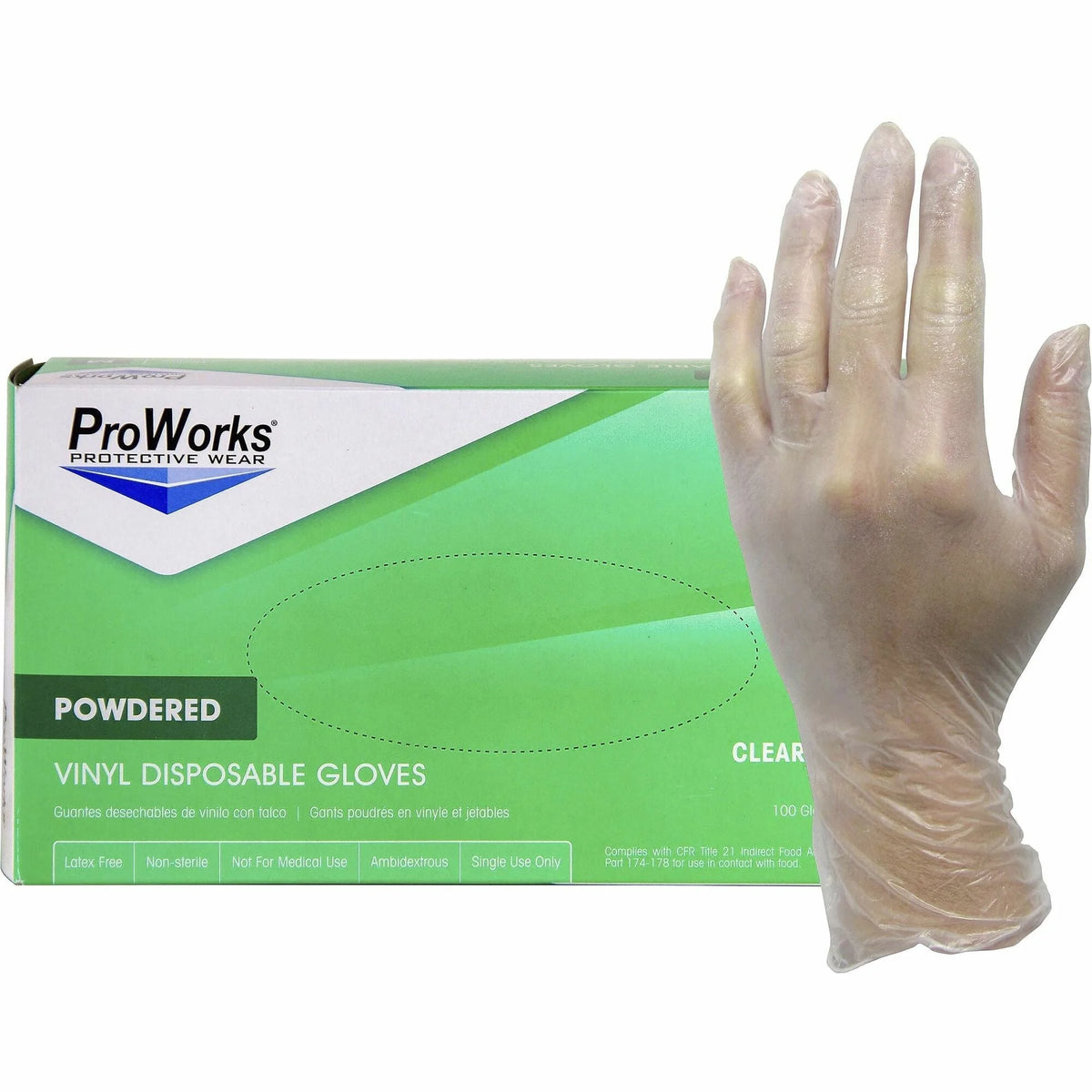 ProWorks Vinyl Powdered Industrial Gloves - Large Size Clear 3 mil - 100/Box - General Purpose