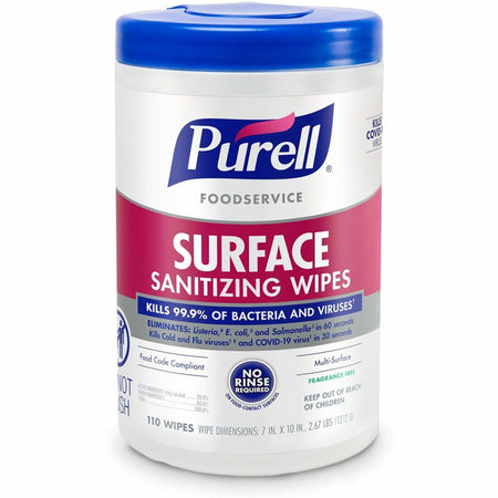 PURELL® Foodservice Surface Sanitizing Wipes - Ready-To-Use - 10’’ Length x 7’’ Width - 110 / Canister - 1 Each