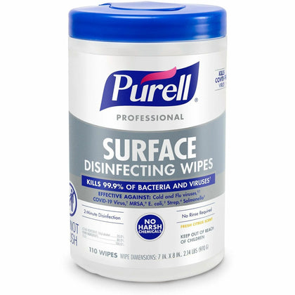 PURELL® Professional Surface Disinfecting Wipes - Ready-To-Use - Fresh Citrus Scent - 8’’ Length x 7’’ Width - 110