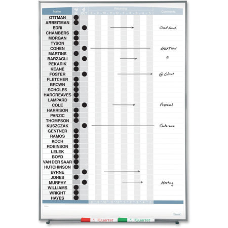 Quartet Matrix 36-Employee In/Out Board - Magnetic White Cork - 34’’x23’’ - Silver Frame - Planning Boards