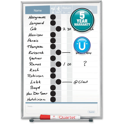 Quartet Matrix In/Out Board: 15-Employee Tracker - Magnetic Durable - 16’’x11’’ - White Cork - Silver Frame - Planning