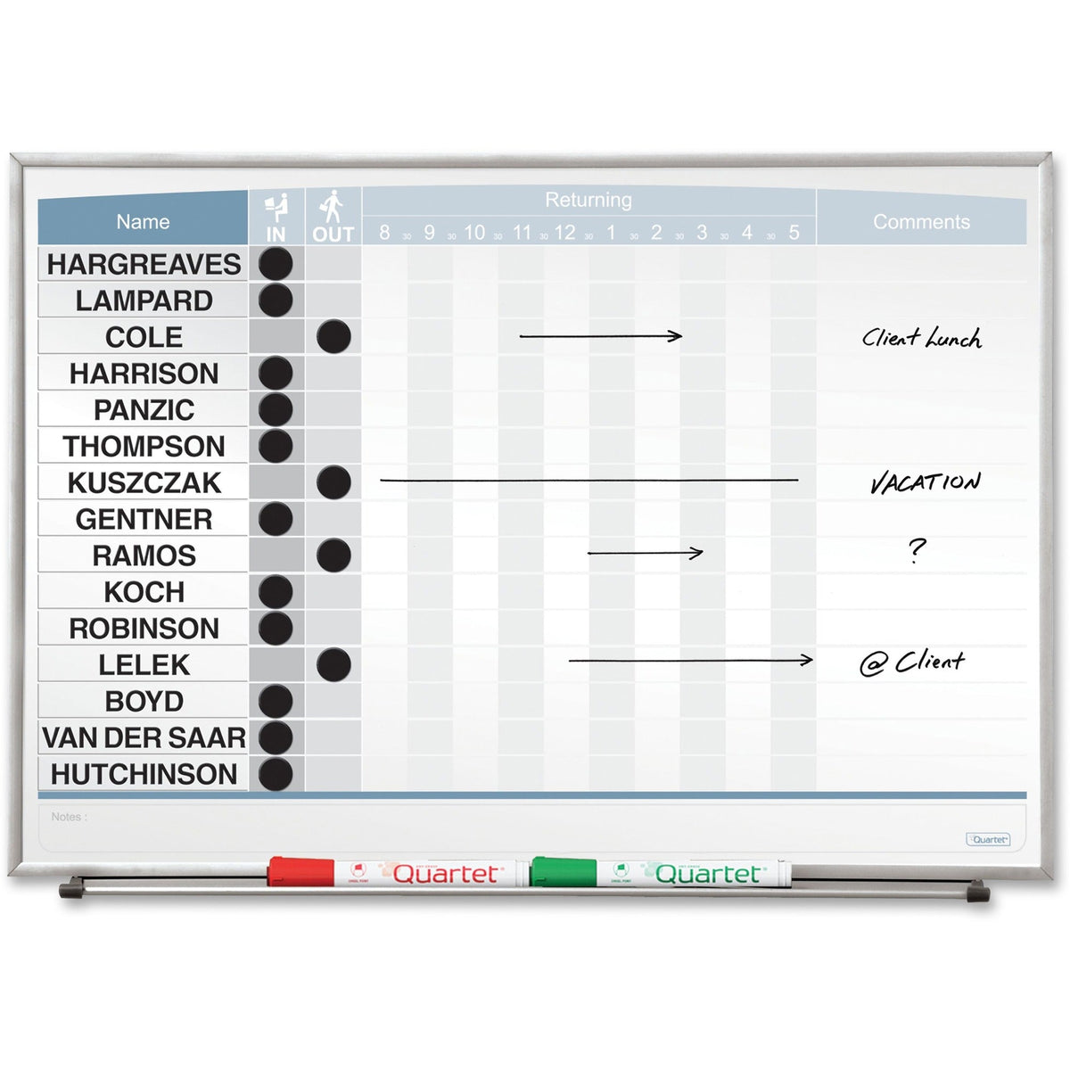 Quartet Matrix In/Out Board: 15-Employee Tracker - Magnetic Durable - 16’’x23’’ Cork - Silver Frame - Planning Boards