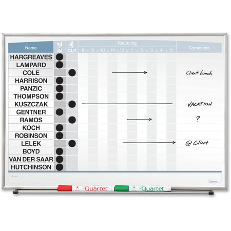 Quartet Matrix In/Out Board: 15-Employee Tracker - Magnetic Durable - 16’’x23’’ Cork - Silver Frame - Planning Boards