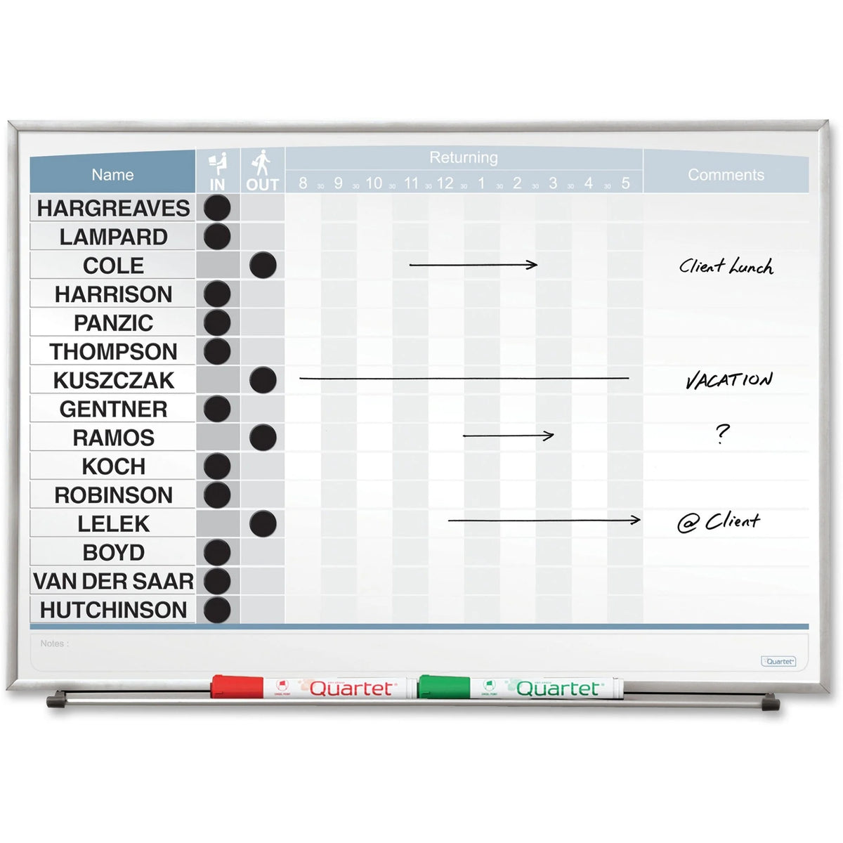 Quartet Matrix In/Out Board: 15-Employee Tracker - Magnetic Durable - 16’’x23’’ Cork - Silver Frame - Planning Boards