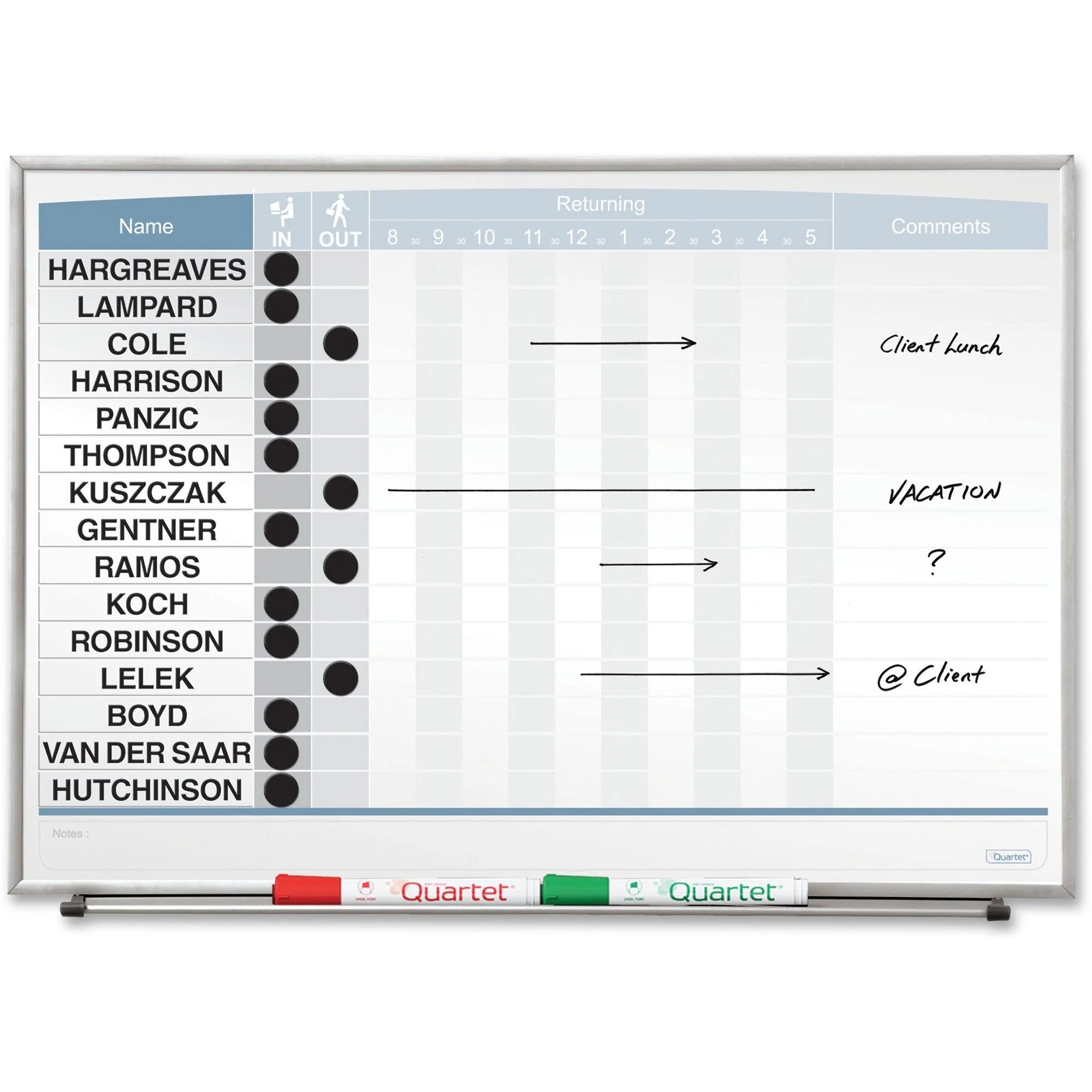 Quartet Matrix In/Out Board: 15-Employee Tracker - Magnetic Durable - 16’’x23’’ Cork - Silver Frame - Planning Boards