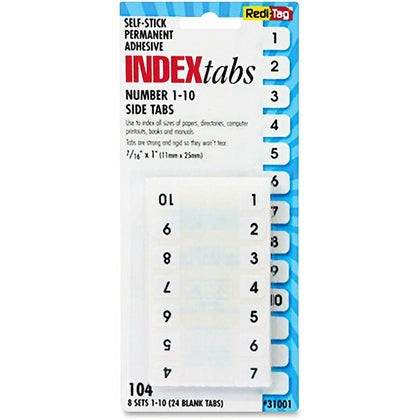 Redi-Tag Numbered Tab Indexes - 104 Printed Tabs - 1-10 Digits - Self-adhesive White Plastic - Index Accessories & Page
