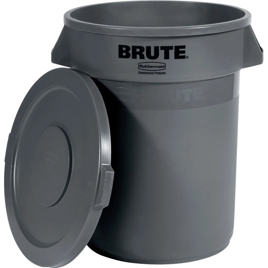 Rubbermaid Commercial Brute 32-Gallon Container Flat Lid - Round - Plastic - 1 Each - Gray - Waste Containers & Lids
