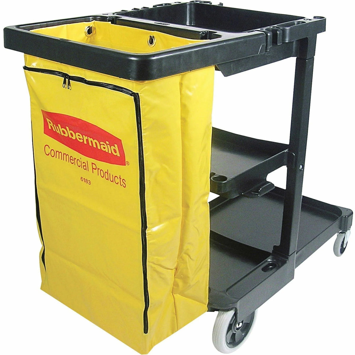 Rubbermaid Commercial Janitor Cart With Zipper Yellow Vinyl Bag - 3 Shelf - 4’’ 8’’ Caster Size - x 21.8’’ Width 46’’