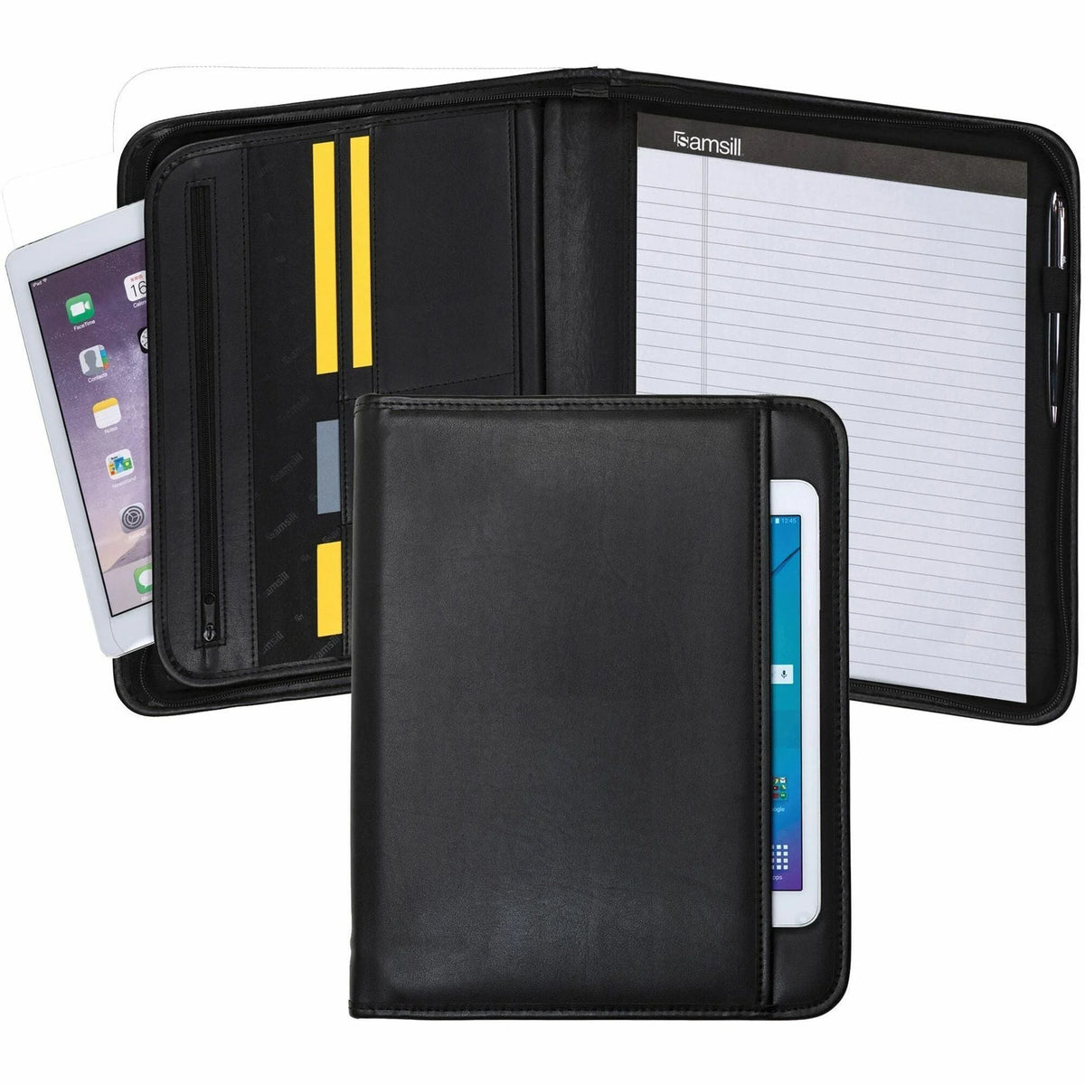 Samsill Letter Pad Folio: 8 1/2’’ x 11’’ - Black Vinyl - Tablet Pocket Zipper Closure - Padfolios & Holders