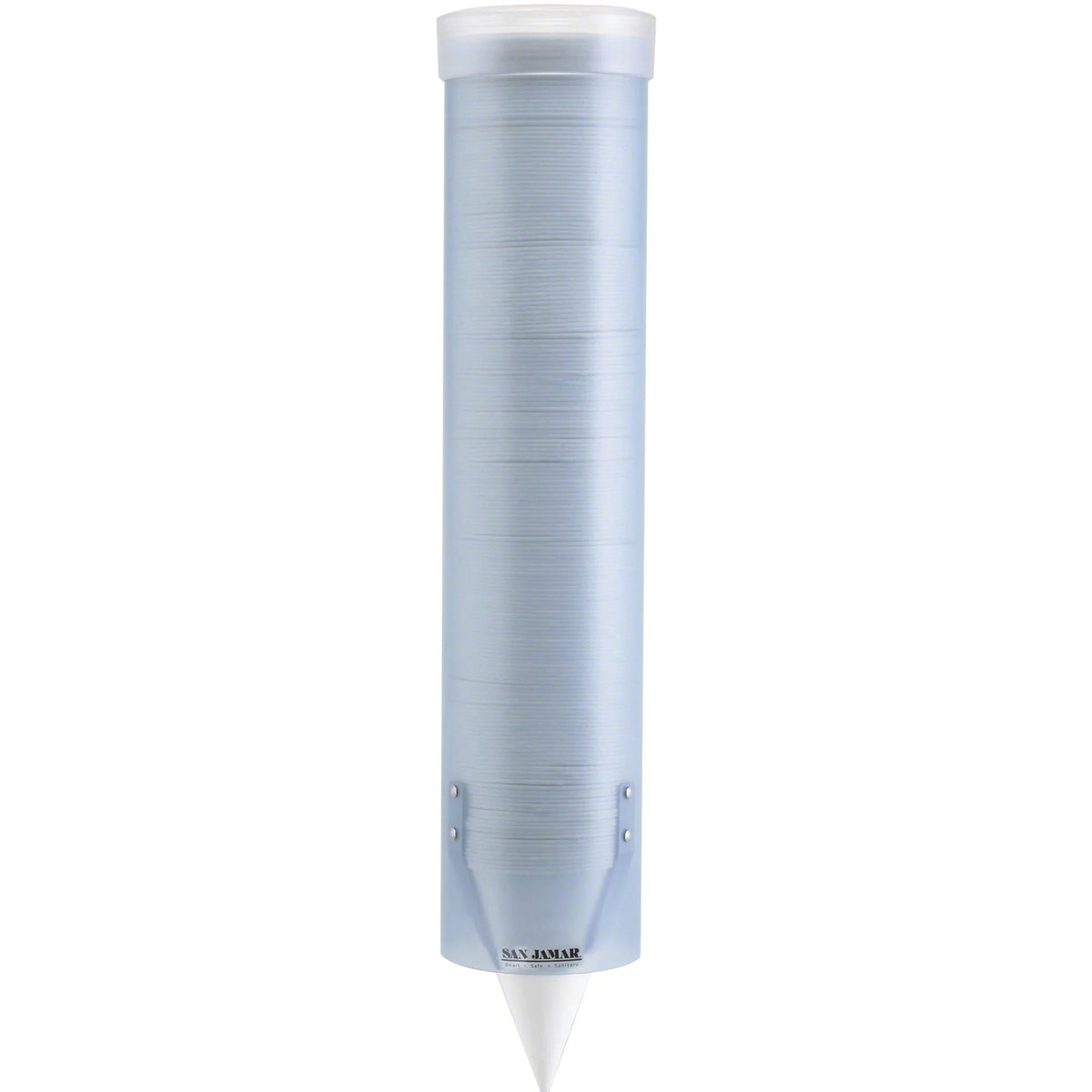 San Jamar Water Cup Dispenser: Pull Type Wall Mountable - 16’’ Tube - Frosted Blue - Dispensers & Organizers