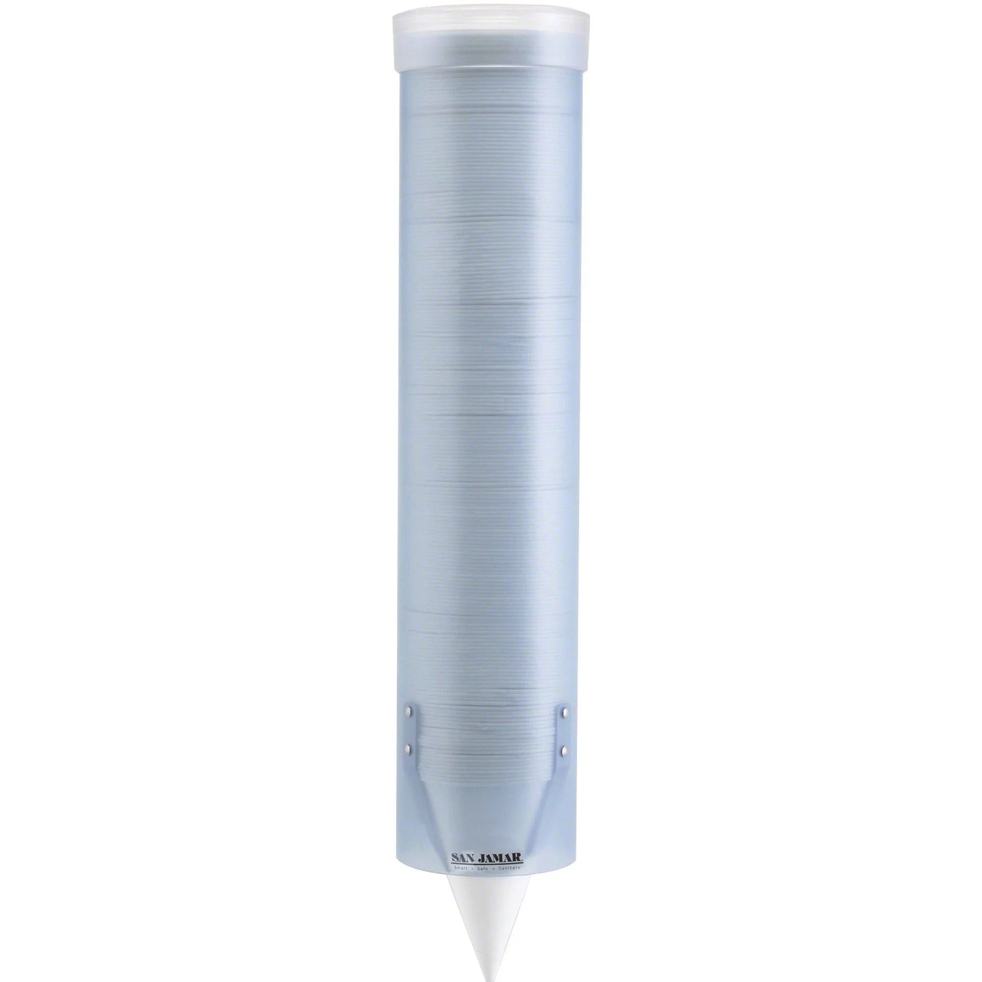 San Jamar Water Cup Dispenser: Pull Type Wall Mountable - 16’’ Tube - Frosted Blue - Dispensers & Organizers
