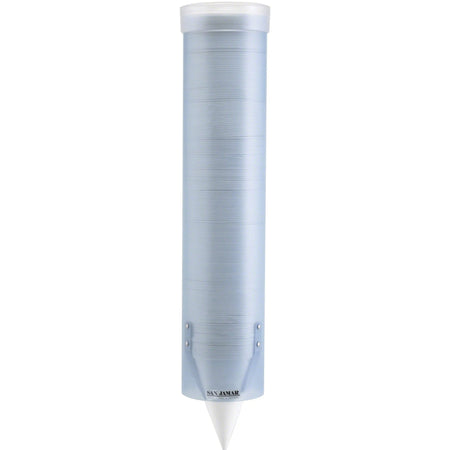 San Jamar Water Cup Dispenser: Pull Type Wall Mountable - 16’’ Tube - Frosted Blue - Dispensers & Organizers