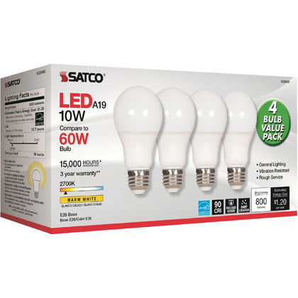 Satco LED A19 Bulbs - 10W 2700K Warm White Light - 4 Pack