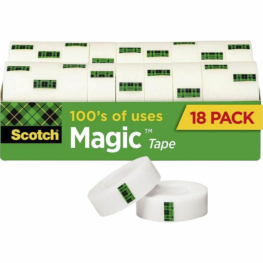 Scotch 3/4’’W Magic Tape - 27.78 yd Length x 0.75’’ Width - 1’’ Core - Matte - Clear - Rubber - For Packing - 18 / Pack