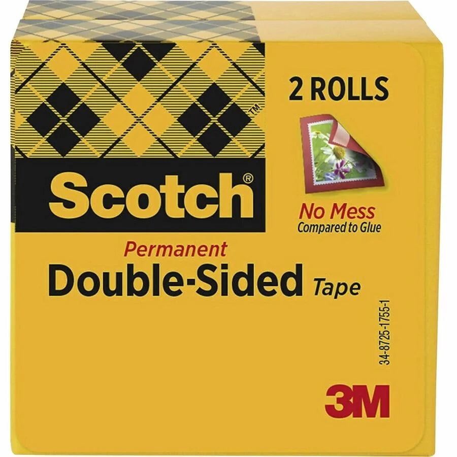 Scotch Permanent Double-Sided Tape - 1/2’’W - 25 yd Length x 0.50’’ Width - 1’’ Core - Clear - Acrylate - 3 mil