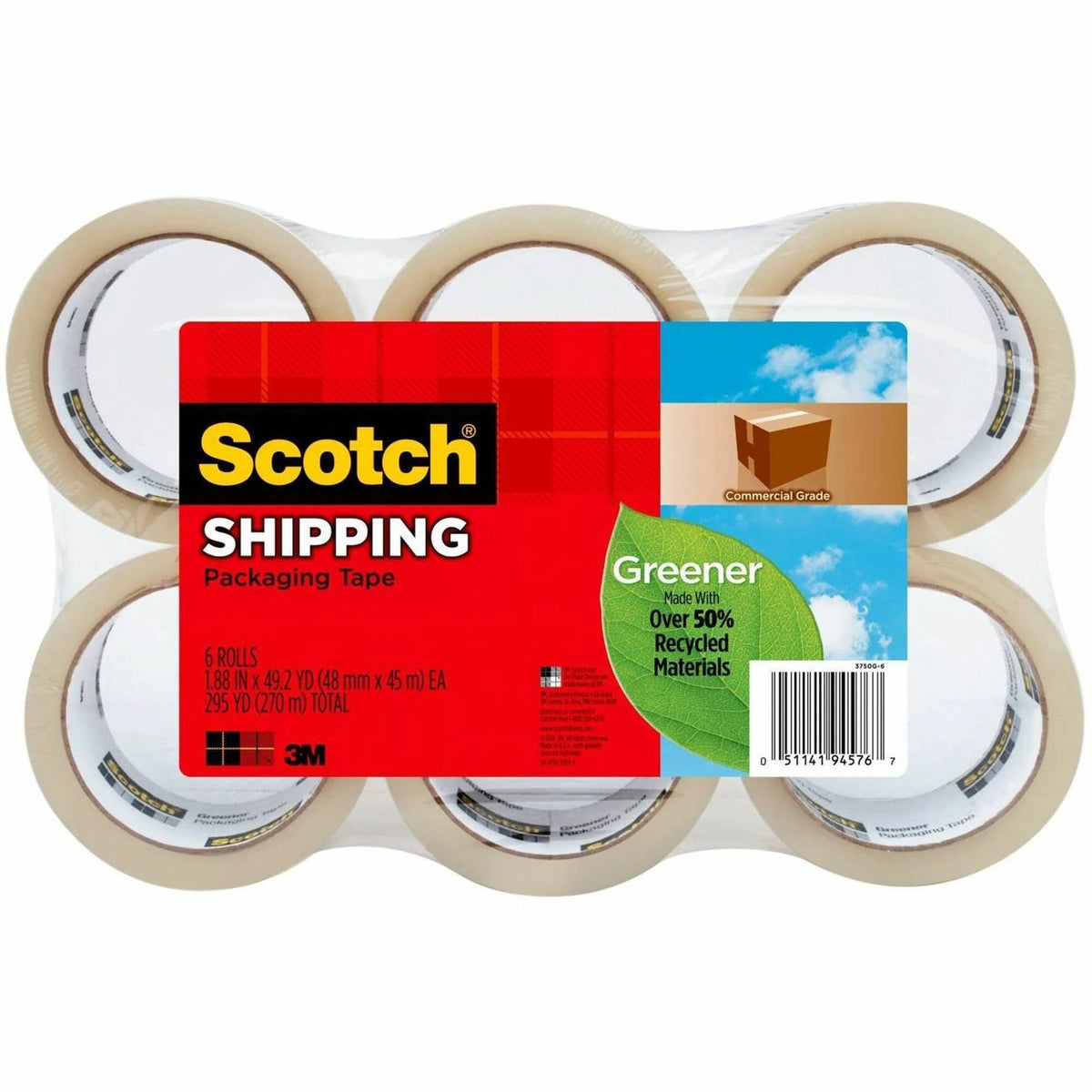 Scotch Greener Shipping Tape - Commercial-Grade 54.60 yd Length - Clear Split Resistant - 6/Pack - Packing & Dispensers