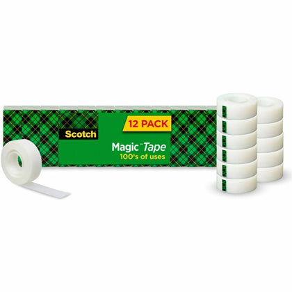 Scotch Magic Tape: 27.78 yd x 0.75’’ - Clear Matte Finish - Multipurpose - 12 Pack - General Purpose/Office Tape