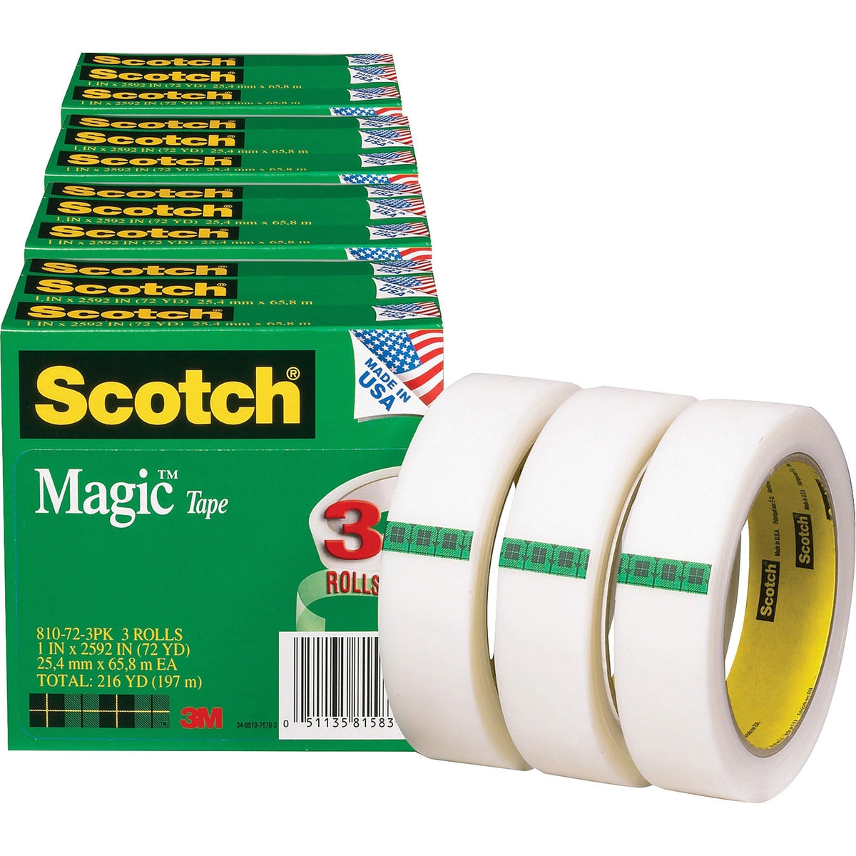 Scotch Magic Tape - 72 yd Length x 1’’ Width - 3’’ Core - Matte - Clear - For Mending Splicing - 3/Pack - 4 / Bundle