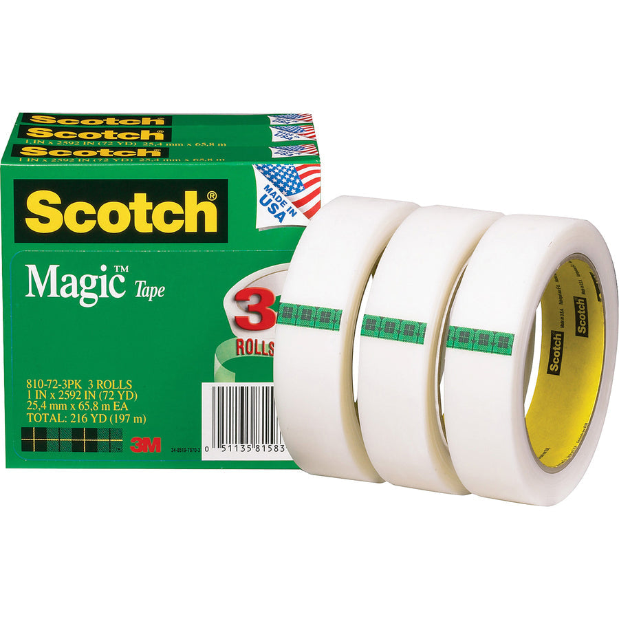 Scotch Magic Tape - 72 yd Length x 1’’ Width - 3’’ Core - Matte - Clear - For Mending Splicing - 3/Pack - 4 / Bundle