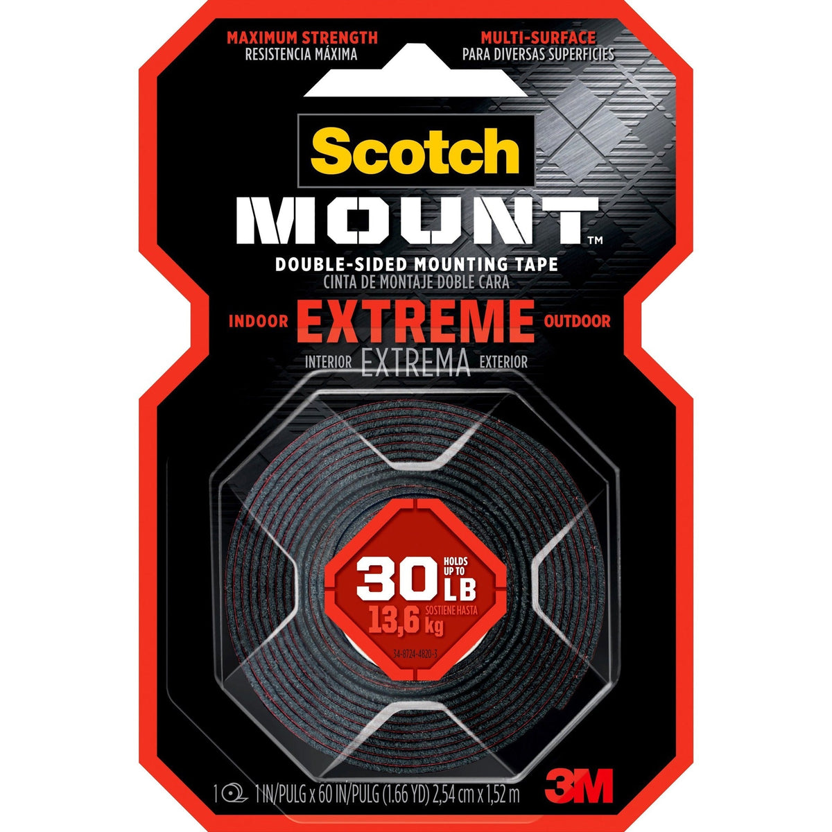 Scotch-Mount Extreme Double-Sided Mounting Tape - 5 ft Length x 1’’ Width - Black - 1 Roll - & Putty