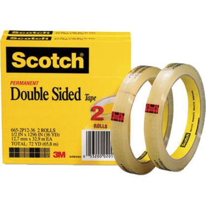 Scotch Permanent Double-Sided Tape - 1/2’’W - 36 yd Length x 0.50’’ Width - 3’’ Core - Clear - Long Lasting